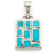 Vintage NOS 925 Sterling Silver Turquoise Channel Inlay Rectangular Pendant picture