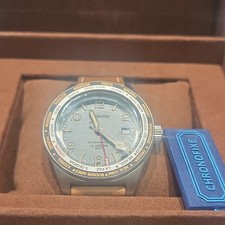 Chronofixe Quartz World Time Blue Dial Date Brown Leather Strap 42mm 100M picture
