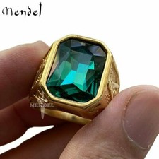 MENDEL 10k Gold Plated Mens Masonic Green Stone Ring Stainless steel Size 7-15 picture