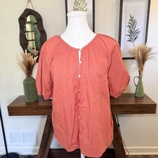 Orange Peasant Blouse Button Front Cottagecore Boho Puff Sleeve Small picture
