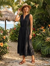 Tommy Bahama NWT ($188) Size M Coastal Tide Black linen belted Midi Dress picture