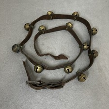 12 Antique Brass Petal Crotal Sleigh Bells On Poor Rustic Leather Horse Belt picture