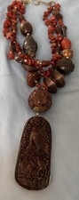 Antique Red Czech Glass Egyptian Hand Made Revival Pharaoh Scarab Bead Necklace picture