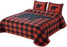 Buffalo Plaid 3 Piece Queen Size Quilt Bedding Set Featuring a Black Bear picture