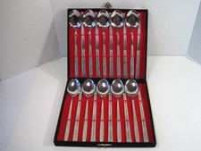 Vintage Stainless Steel 10 Soup Spoons & 10 Chopsticks In Black Velvet Case NEW picture