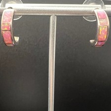 Vintage Sterling Silver J Hoop Post Earrings Pink Synthetic Opal Inlaid.75 In 3g picture