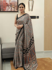 Semi Gajji Silk Ajrakh Print Saree Rich Pallu Designer Indian Ethnic Sari Blouse picture