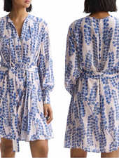 Reiss Blue & White Floral V-Neck Long Sleeve Short Dress Zip Belted picture