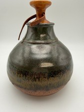 Vintage Studio Art Pottery Weed Pot Vase Drip Glaze Leather Strap Wood Stopper picture