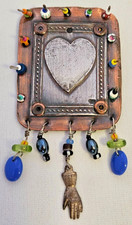 Vintage Mixed Metal Milagro Heart Brooch Pin Folk Art Beaded Hand Charm 2x4