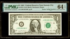 1981 $1 Dollar Radar Rotator Serial Number 08188180 FRN Kansas City PMG 64 EPQ picture