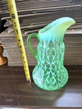 Antique Northwood Spanish Lace Opaline Brocade Uranium Glass Pitcher 12” EAPG picture