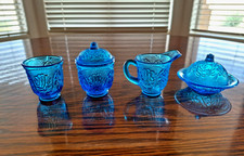 Antique EAPG Childs Toy Stippled Vine & Beads  Blue Table Set picture