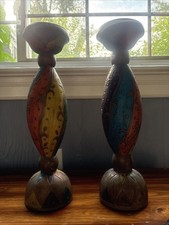 Hand Painted Wooden Candlesticks With Geometric Motif, Set Of 2 picture