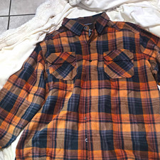 KÜHL Men's Plaid Flannel Button-Up Shirt Long Sleeve Pockets Orange/Black L picture