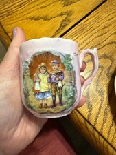 Vintage Pink Luster Porcelain Teacup & Saucer Victorian Children Figural Scene picture