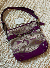 Vintage Coach Signature Purple/Khaki Patent Shoulder Bag Chain Detail Zip picture