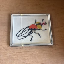 Needlepoint Cruel Handmade Insect Eating Strawberry Framed Art Vintage 🔥 picture