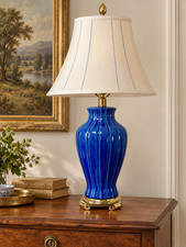 Vintage Cobalt Blue Fluted Ceramic Table Lamp, Heavy Scrolled Brass Base picture