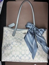 Coach Signature Monogram Large Tote Bag Beige Gray Blue Scarf Charm picture