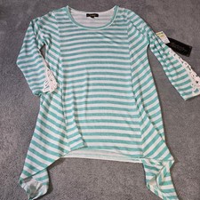 Absolutely Famous Womens Medium Tunic Turquoise White Striped Lace Sharkbite Hem picture