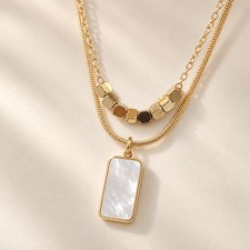Gold Tone Layered Mother of Pearl Rectangle Pendant Necklace Stainless Steel picture