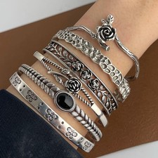Vintage Flower Retro Rose Cuff Bangle Set Sterling Silver Women Jewelle Bracelet picture