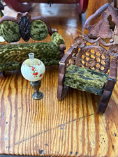 Antique German? Dollhouse Miniature Carved Wood Living Room Set Sofa Chair picture