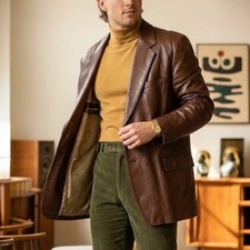 VTG 70s Leather Blazer Jacket Men’s 50 L Brown Wide Lapel Sopranos Disco Retro picture