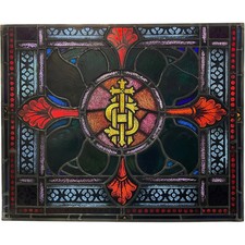Antique Leaded Stained Glass IHS Ecclesiastical Panel from Church picture