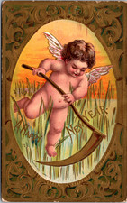 Postcard A Happy New Year Angel with Scythe Golden Edges Embossed 1912 picture