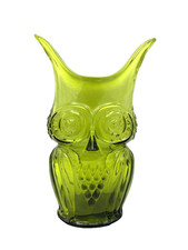 Vintage MCM Viking Rainbow Glass Owl Vase Green Avocado 9