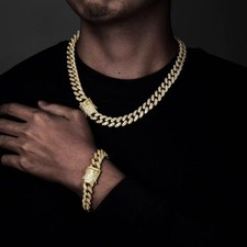 Iced alloyCuban Link Chain Jewelry Set Gold Tone Necklace Bracelet Men Hip Hop picture