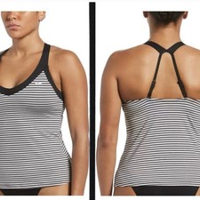 Nike Swim Tankini Top & Swim Bottom Black Gray Strips Womens Swimsuit Set M NWT picture