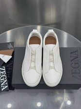 Men's Zegna Triple Stitch White Leather Slip On Casual Sneakers picture