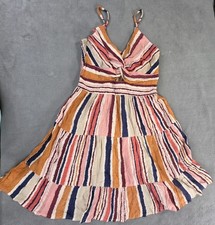 NWT Angie Sundress M Multicolor Striped Smocked Tie Front Rayon Boho Sun Dress  picture