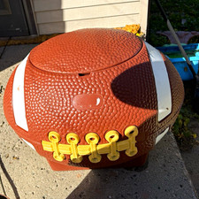Vintage 1975 Football Shaped Plastic Toy Box with Lid, Brown White Yellow, Kids picture