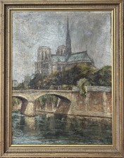 Large Impressionist Antique Original Cityscape Notre Dame Cathedral Paris Framed picture