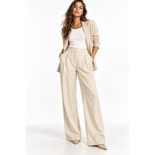 H&M Linen Blend High Waisted Pleated Wide Leg Trousers Cream Beige Size 10 NEW picture