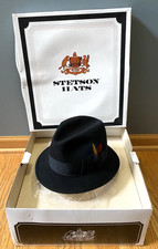 Stetson Royal Stetson Black Felt Fedora Hat 54 6 3/4 Feather Fabric Band USA Box picture