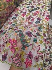 Fabric By The Yard Multicolor Lace Pink Fuchsia Embroidery Flowers On White Mesh picture