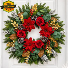 28in Christmas Wreath for Front Door Red Poinsettia Rose Holiday Decor picture