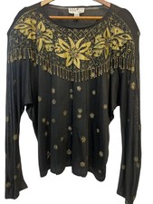 VTG Zell Ucci Bali Collection Top  All Size Black & Gold Floral Beed's Party Off picture