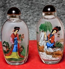 Vintage Chinese Reverse Painted Snuff Bottles Glass Maiden Art Pair CSB72726 picture