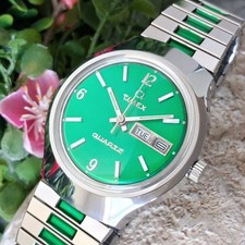 Serviced 1976 Timex Q Quartz Electric Custom Green Men's Vintage Day Date Watch picture
