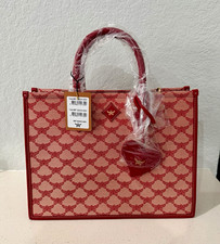 MCM Beige/Red Logo Canvas & Leather Top Handle Satchel Handbag w/ Bag Charm picture