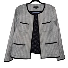 NWOT Talbots Womens 14 Black White Tweed Collarless Blazer Jacket Trim Detail picture