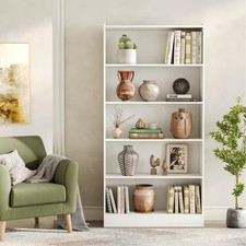 Eulas 72 In. Tall White Wood 5-Shelf Standard Bookcase, Large Bookshelf, Freesta picture