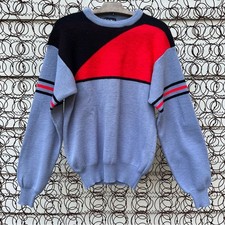 Vintage 89s gray black red color block knit crewneck sweater MEDIUM picture