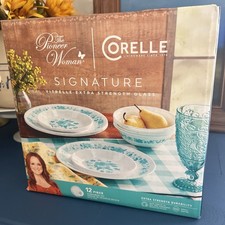 Pioneer Woman by Corelle 12 Piece Dinnerware Set Evie Teal Factory Sealed USA  picture